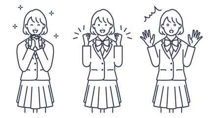 制服を着た女子学生のリアクション。ベクターイラスト素材セット