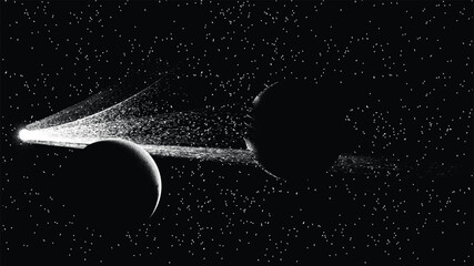 Comet and planet in space. Futuristic landscape, with noise texture . Night landscape with starry sky .Vector illustration © miloje