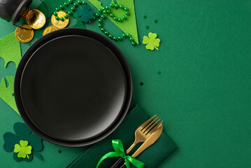 Embrace St. Paddy's at the pub: top view black plate, utensils neatly wrapped, gold-filled pot,...
