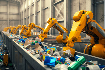 Automated Recycling: Robotic Arms Sorting Waste for Sustainability - obrazy, fototapety, plakaty