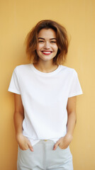 Young happy woman, smiling gen z girl model wearing tshirt looking at camera standing on color background. Face skin care cosmetics makeup, fashion ads. Beauty portrait. White t-shirt mock up template