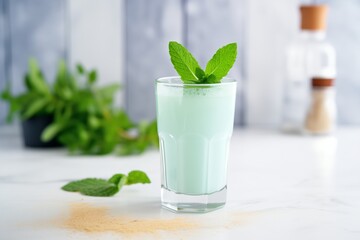 mouthwash displayed with mint leaves around it