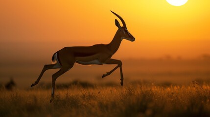 Elegant Gazelle in Midair against African Sunset AI Generated.