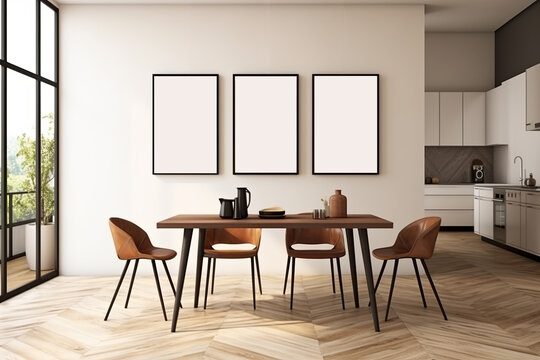 Minimalist dining room design combines comfort, a vibrant houseplant, and wall art to create a cozy, modern, and inviting ambiance. Made with generative AI technology