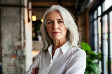 a woman with grey hair and a white shirt