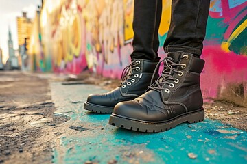 a person's legs in black boots
