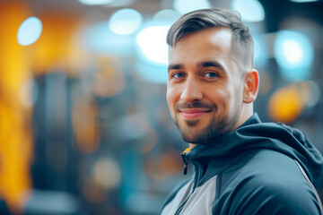 Fototapeta premium A friendly, beautiful sporty man , wearing sporty clothes - the fitness trainer on the blurred background of gym. copy space. selective focus