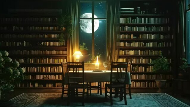 Moonlit Charm: Cozy Tables, Chairs, and Candlelight Creating a Warm Evening Atmosphere. Cartoon or anime illustration style. seamless looping 4K time-lapse video animation background