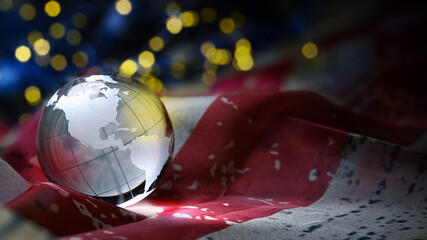 US globe earth ball continent with american flag with golden Stars and stripes. Patriot Day or...