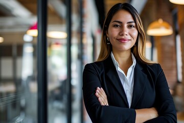 a woman in a suit with her arms crossed