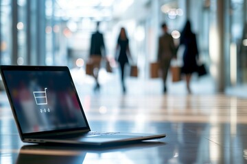 a laptop on a table in front of a store