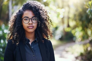 a woman with curly hair wearing glasses - obrazy, fototapety, plakaty