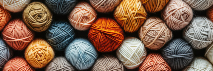 a lot of balls of yarn top view pattern. warm natural colors