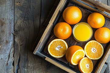 a group of oranges and a glass of juice in a wooden box