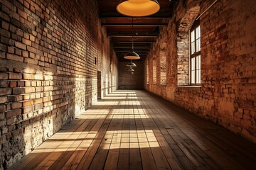 a long brick hallway with lights from the ceiling