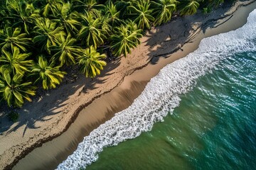 a beach with palm trees and waves