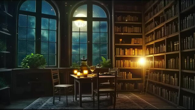 The atmosphere of the room is warm at night with tables, chairs, candles, windows and a beautiful moon. Anime style. seamless looping 4K time-lapse video animation background