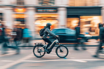 Speeding Through the City: Urban Cyclist on Electric Bike Amidst Rush Hour