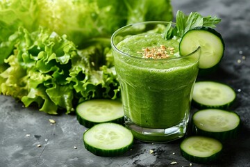 a glass of green smoothie with cucumbers and lettuce