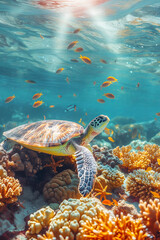 beautiful tropical underwater closeup landscape. sea ​​turtle, fish, corals, starfish, algae . pastel colors. sun and shadow