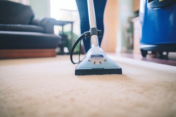 close shot of steam cleaning process on a carpet - obrazy, fototapety, plakaty