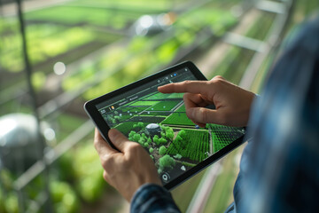 Modern Farmer Analyzing 3D Farm Model, Digital Agriculture Revolution