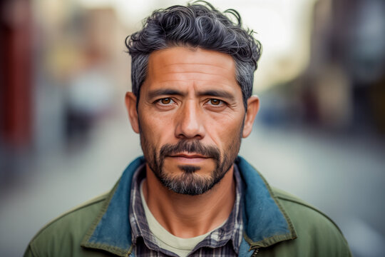 Fototapeta Portrait of middle aged hispanic man at the street