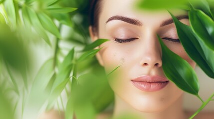 Naklejka premium Beautiful young woman with fresh green leaves on her face. Spa treatment concept.AI.