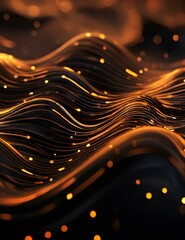Generative AI illustration of sine waves and particles on dark background, in the style of light gold and orange, technological design, dotted, tilt shift, kinetic lines, acoustic curves, wallpaper Se