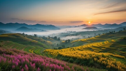 Beautiful panoramic landscape of a terrace fields with foreground is small colorful spring flowers and background is mountains in fog. North Vietnam at the amazing sunset