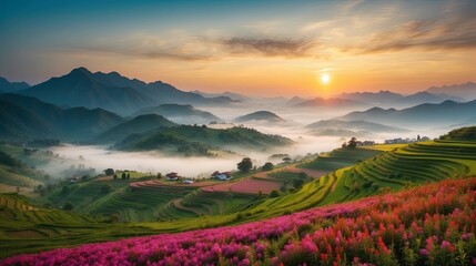 Beautiful panoramic landscape of a terrace fields with foreground is small colorful spring flowers and background is mountains in fog. North Vietnam at the amazing sunset