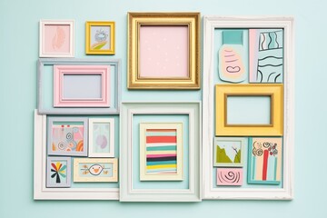 a collage of painted photo frames on a pastel wall