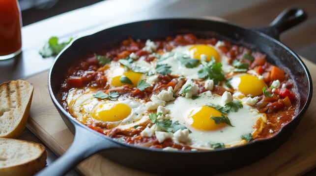 Shakshuka with fried eggs and tomato sauce in a frying pan. AI.