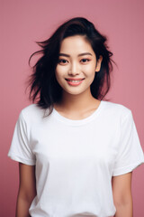 Fototapeta premium Young happy smiling Asian woman model wearing tshirt looking at camera on color background. Face skin hair care korean cosmetic and makeup, fashion ads. Beauty portrait. White t-shirt mock up template