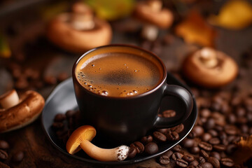 coffee cup, black coffee, brown mushrooms and coffee beans beside, blured background