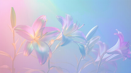 Minimal surrealism background with lilies in pastel holographic colors with gradient.