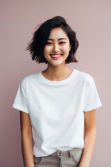 Fototapeta premium Young happy smiling Asian woman model wearing tshirt looking at camera on color background. Face skin hair care korean cosmetic and makeup, fashion ads. Beauty portrait. White t-shirt mock up template