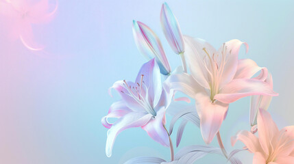 Fototapeta premium Minimal surrealism background with lilies in pastel holographic colors with gradient.
