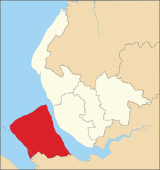 Red flat blank highlighted location map of the METROPOLITAN BOROUGH OF WIRRAL inside beige administrative local authority districts map of Merseyside, England