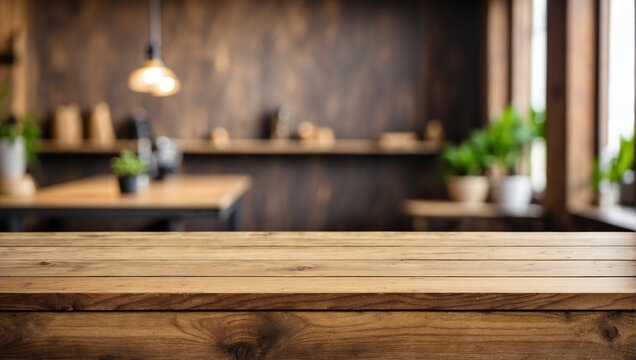 Empty wooden table for product display with blurry dining room background