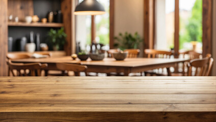 Empty wooden table for product display with blurry dining room background