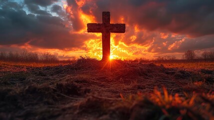 Fototapeta na wymiar Crucifix Silhouette Against Fiery Sunset on Good Friday.
