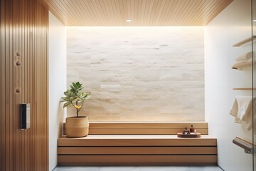 fancy sauna interior with halo-therapy salt bricks on the wall