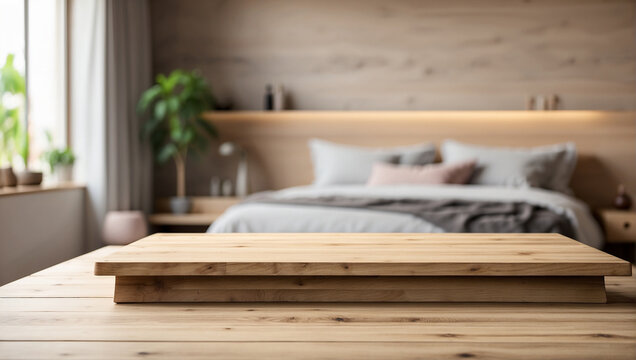 Empty wooden table for product display with blurry bedroom background