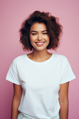 Fototapeta premium Young happy smiling Latin woman model wearing tshirt standing on color background. Face skin treatment, curly hair care cosmetics makeup, fashion ads. Beauty portrait. White t-shirt mock up template .