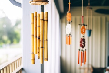 bamboo wind chimes hanging from a porch