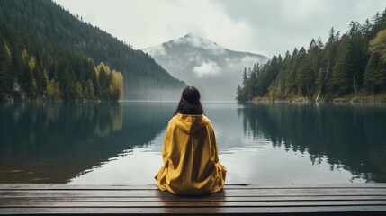 Woman meditating on the lake - obrazy, fototapety, plakaty