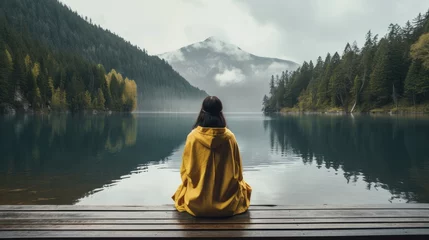 Foto op Canvas Woman meditating on the lake © Michael