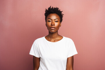 Young pretty African American woman model wearing tshirt looking at camera standing on color background. Face skin care cosmetics makeup, fashion ads. Beauty portrait. White t-shirt mock up template .