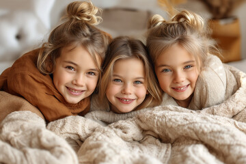 3 petites filles souriantes, portraits, blondes, naturelles, ambiance cocooning, tons chauds, automne, hiver, laine, plaids, calins, tendresse